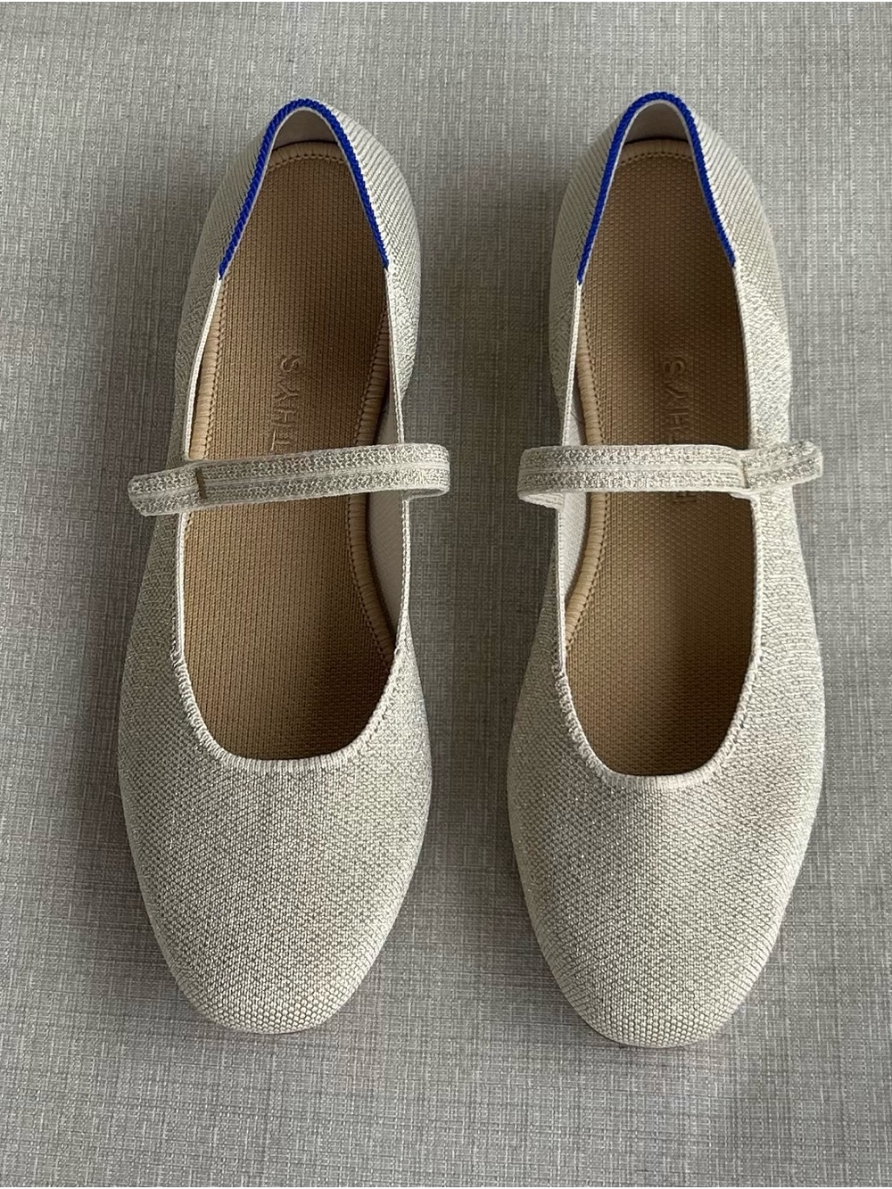NWOB Rothy's Cream Metallic The Max Square Mary Jane Flats with Blue Trim - Picture 2 of 5